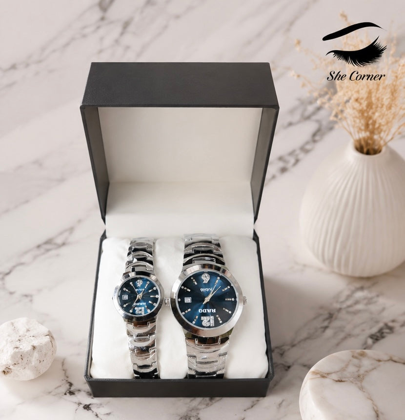 RADO Jubilé Style Men’s & Women’s Matching Watch Set – Blue Dial & Stainless-Steel Bracelet
