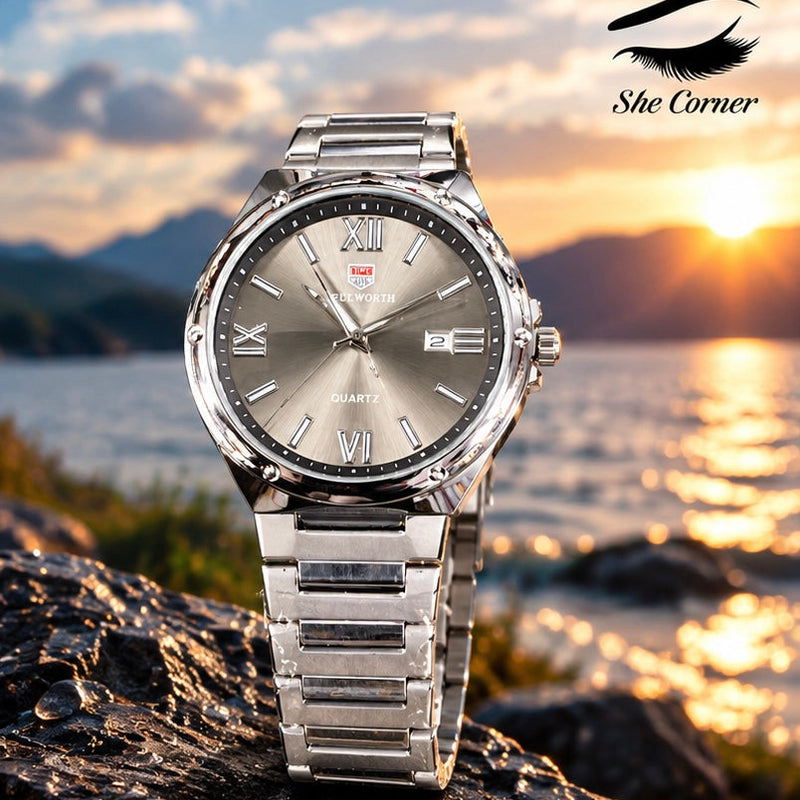 SULWORTH Men’s Analog Quartz Watch – Silver Sunburst Dial, Roman Numerals & Date Display