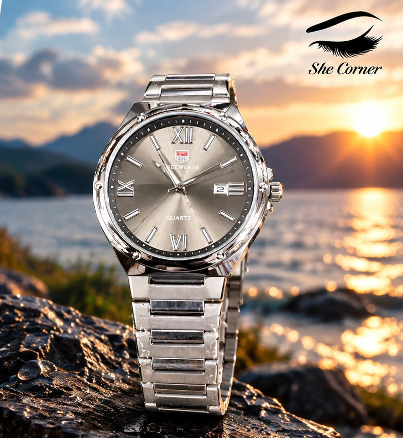 SULWORTH Men’s Analog Quartz Watch – Silver Sunburst Dial, Roman Numerals & Date Display