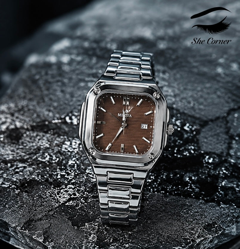 MSITA Men’s Brown Dial Square Stainless Steel Quartz Date Watch