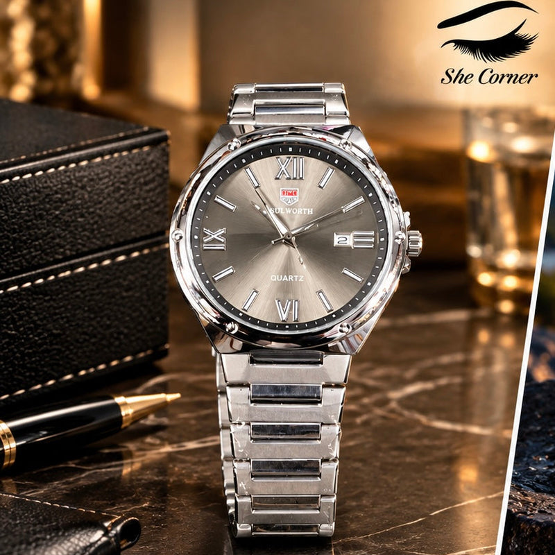 SULWORTH Men’s Analog Quartz Watch – Silver Sunburst Dial, Roman Numerals & Date Display