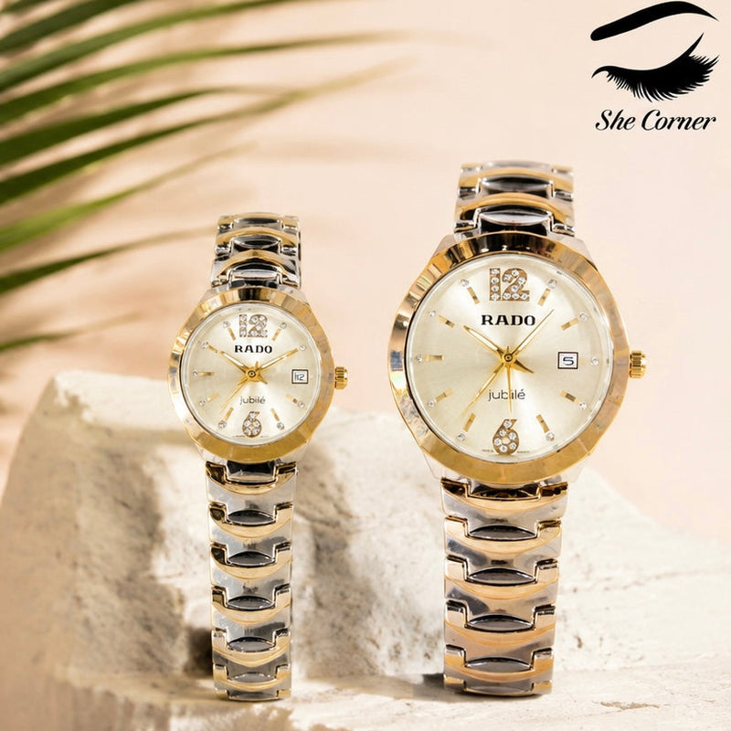 RADO Jubilé Two-Tone Matching Couple Watches – Gold & Silver Diamond-Style Dial with Date Display