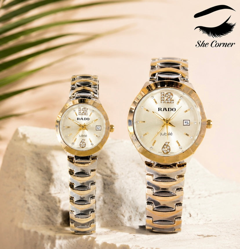 RADO Jubilé Two-Tone Matching Couple Watches – Gold & Silver Diamond-Style Dial with Date Display