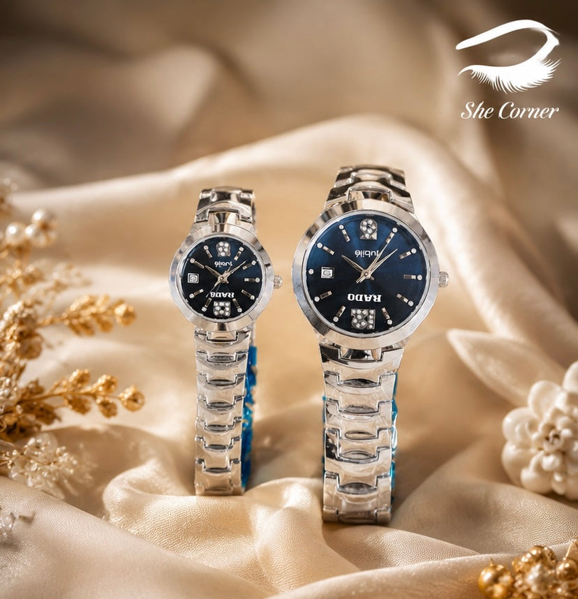 RADO Jubilé Style Men’s & Women’s Matching Watch Set – Blue Dial & Stainless-Steel Bracelet