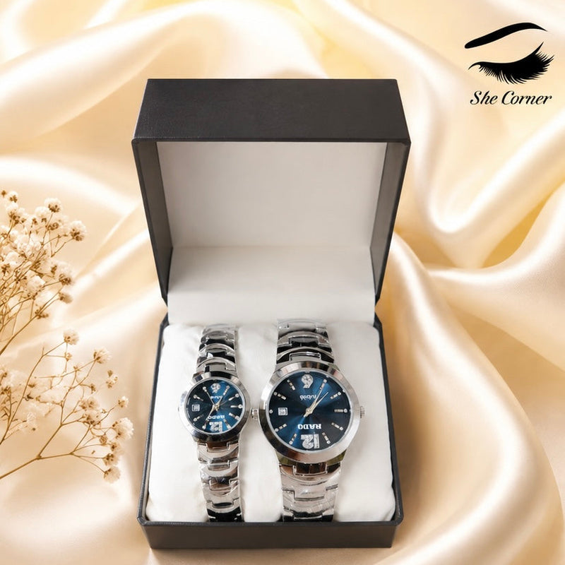 RADO Jubilé Style Men’s & Women’s Matching Watch Set – Blue Dial & Stainless-Steel Bracelet