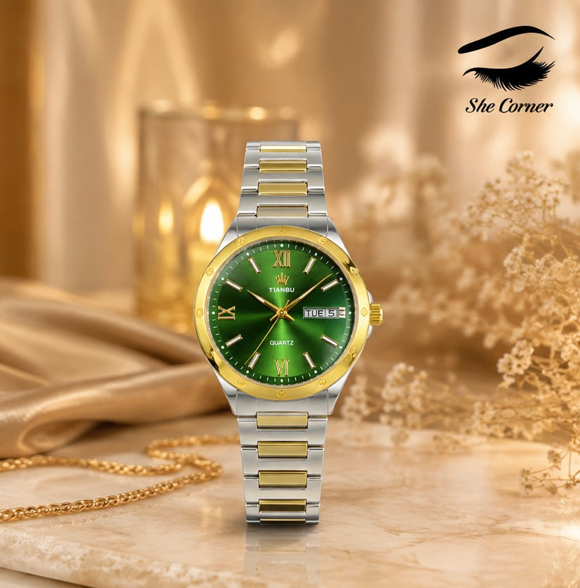 TIANBU Men’s Green Dial Two-Tone Quartz Day-Date Stainless Steel Watch