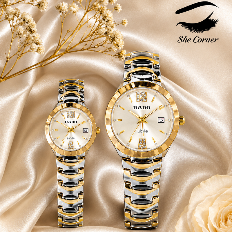 RADO Jubilé Two-Tone Matching Couple Watches – Gold & Silver Diamond-Style Dial with Date Display