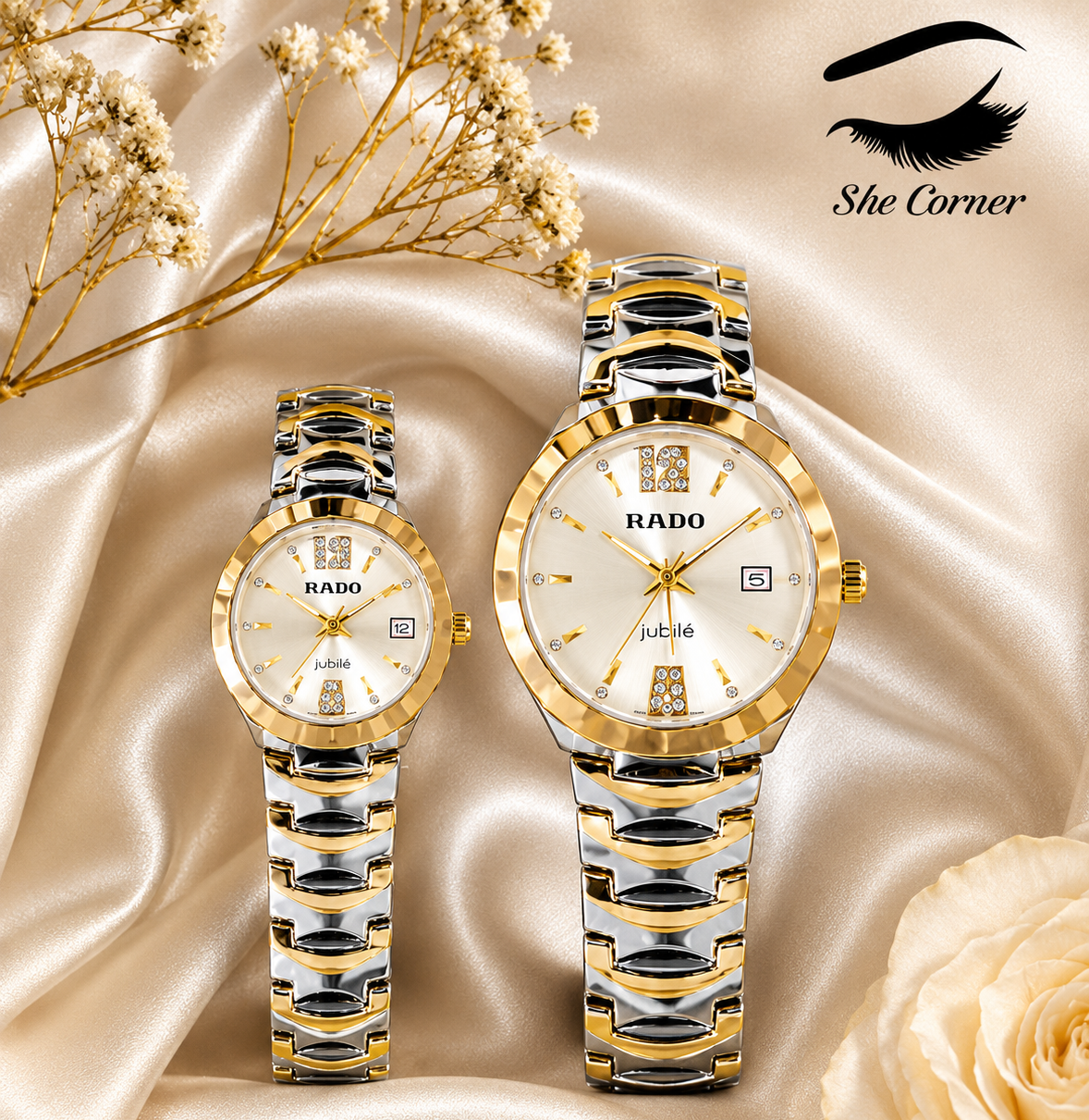 RADO Jubilé Two-Tone Matching Couple Watches – Gold & Silver Diamond-Style Dial with Date Display