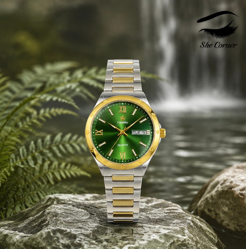 TIANBU Men’s Green Dial Two-Tone Quartz Day-Date Stainless Steel Watch