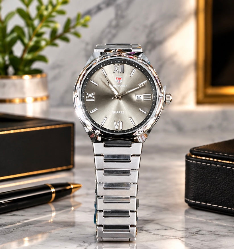 SULWORTH Men’s Analog Quartz Watch – Silver Sunburst Dial, Roman Numerals & Date Display