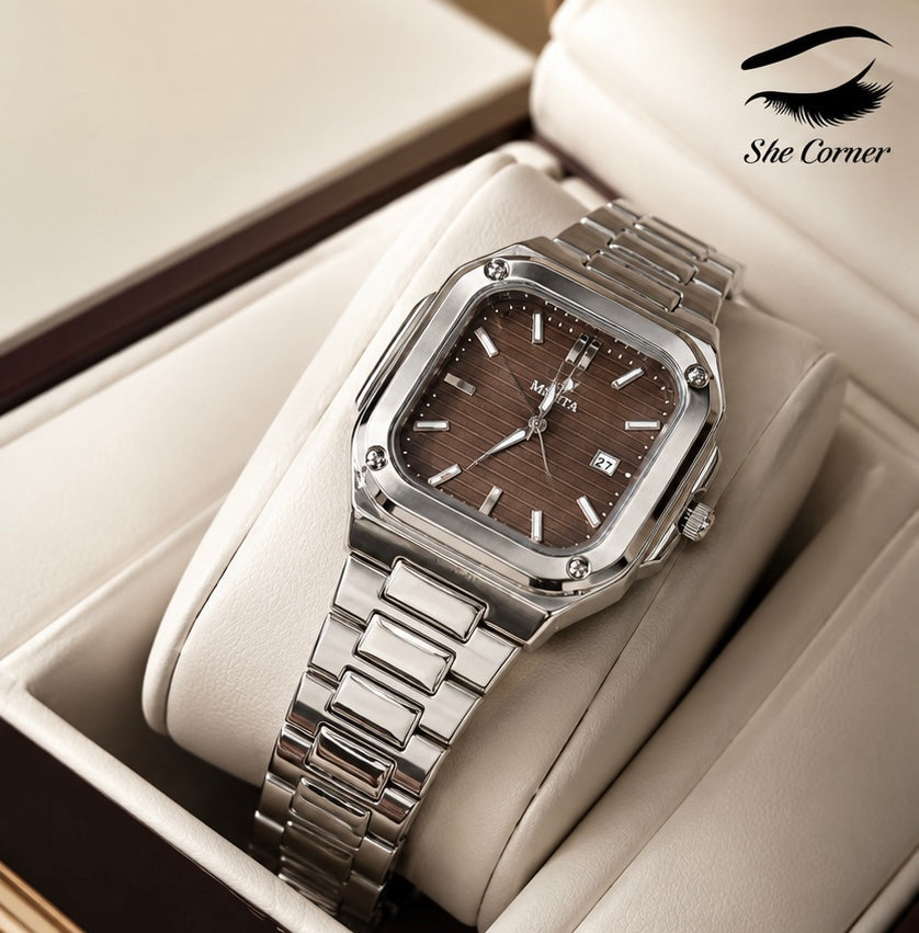 MSITA Men’s Brown Dial Square Stainless Steel Quartz Date Watch