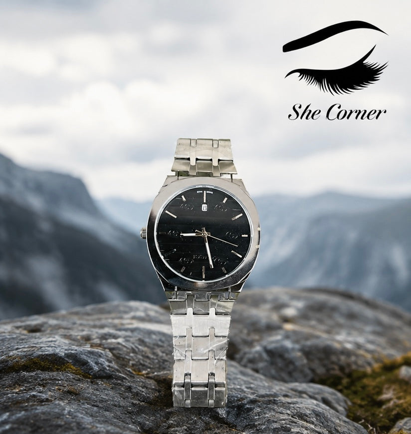 BOSS Men’s Silver Stainless Steel Black Dial Quartz Date Watch