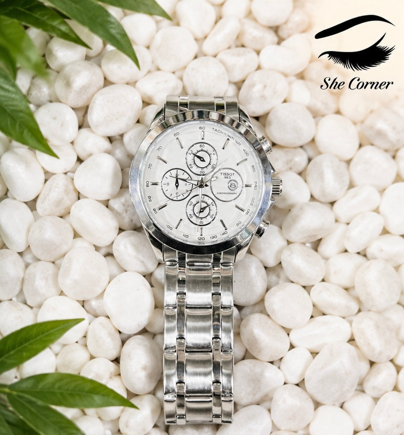 Tissot 1853 Couturier Chronograph Men’s Watch – White/Silver Dial, Tachymeter & Stainless-Steel Bracelet