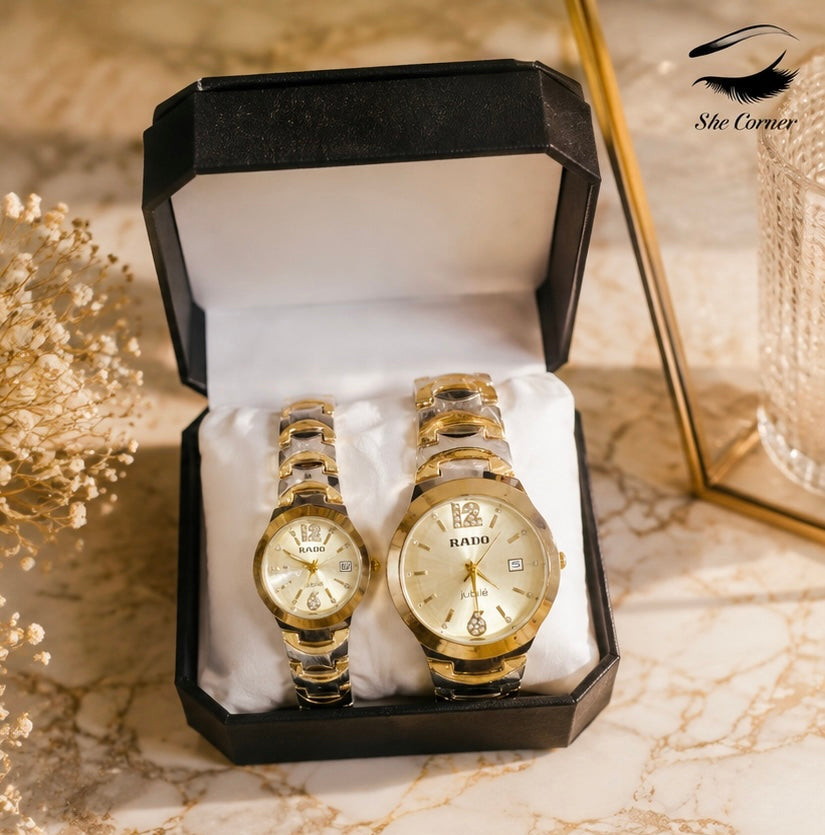 RADO Jubilé Two-Tone Matching Couple Watches – Gold & Silver Diamond-Style Dial with Date Display